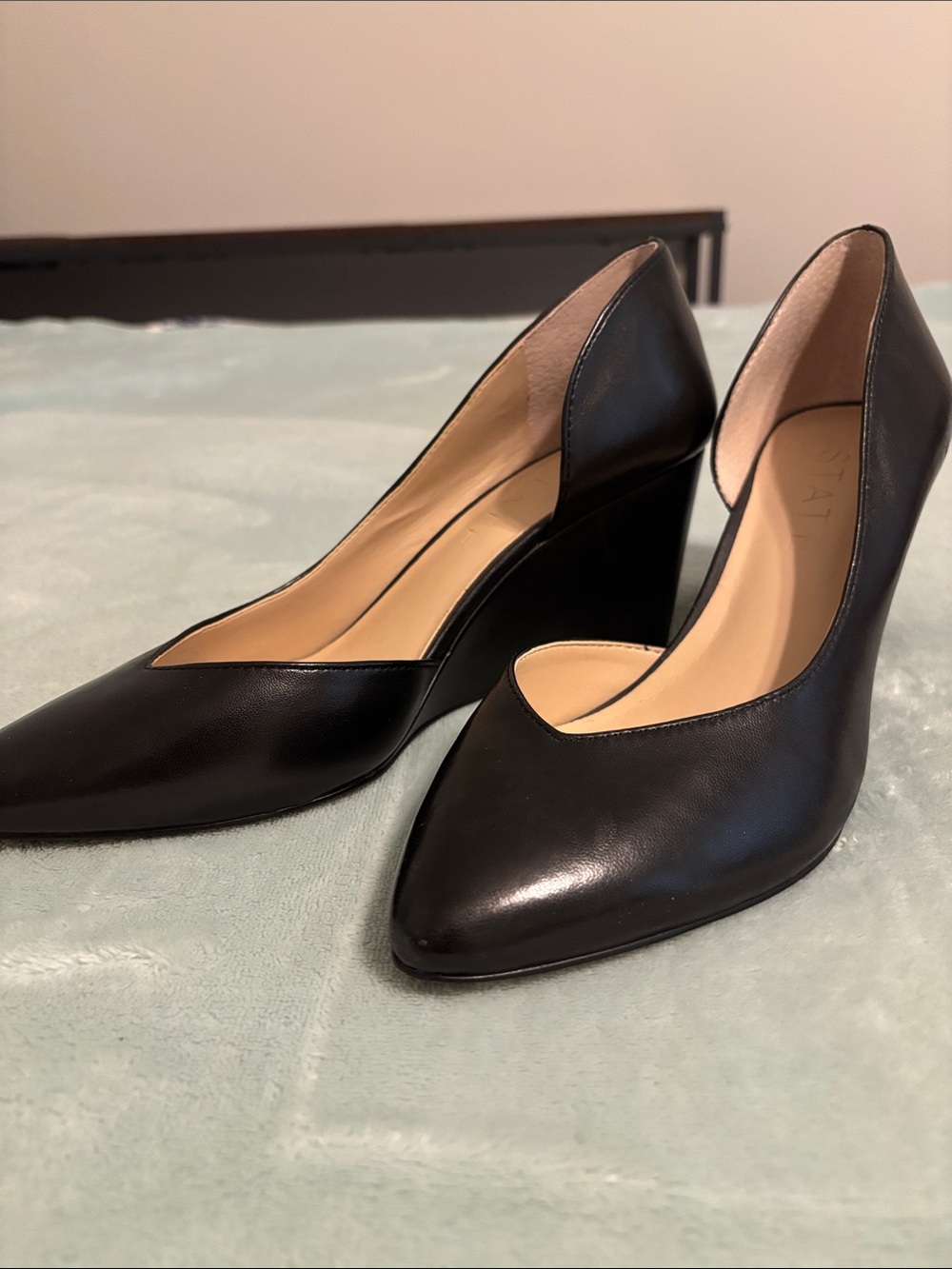 1. State Black Leather Pointed Wedge Pumps